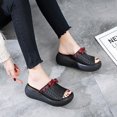 Leather Vintage Hollow Out Wedge Casual Slippers