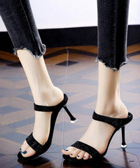 Peep Toe Stiletto Black Zircon High Heel Slippers