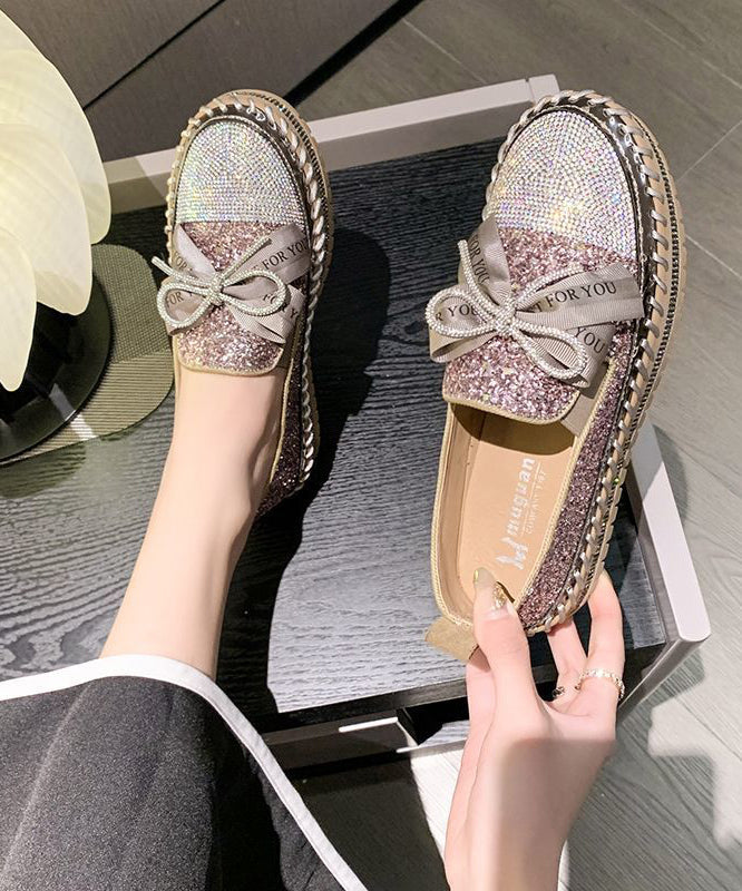 Stylish Splicing Gold Platform Flat Shoes Black Zircon Bow