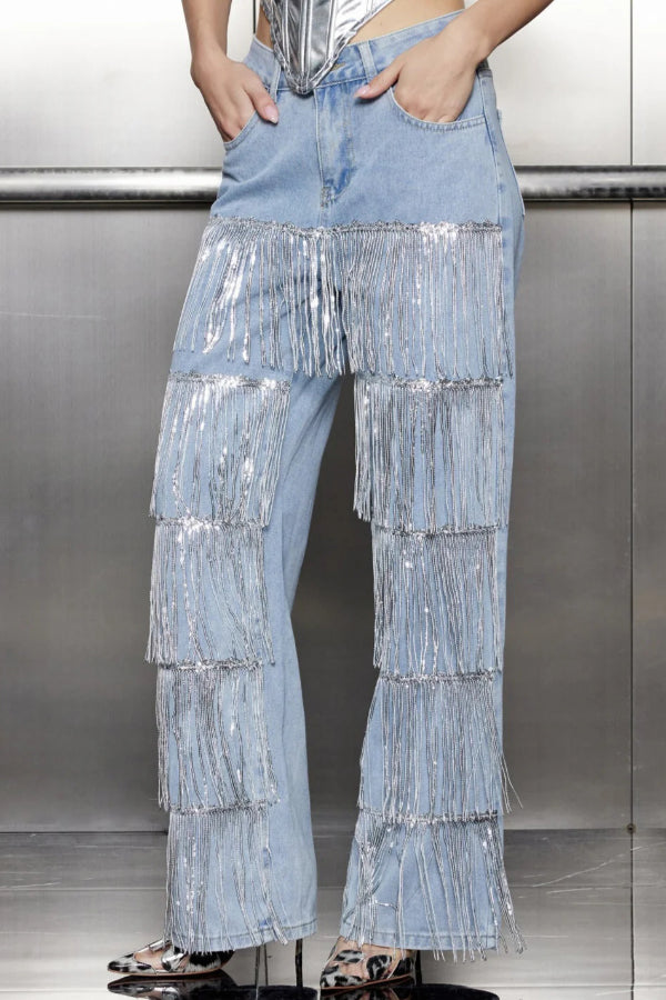 High-waisted Pocket Tassel Casual Straight Leg Jeans