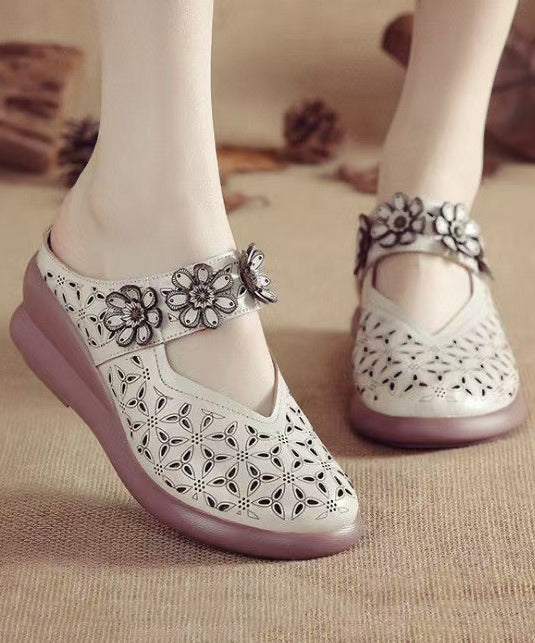 Red Wedge Cowhide Leather Splicing Slide Sandals Hollow Out