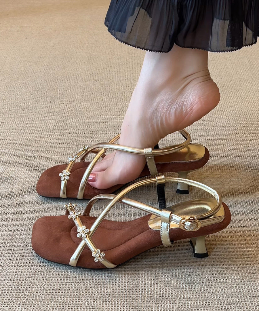 French Gold Square Toe Zircon Flower Cross Strap High Heel Sandals