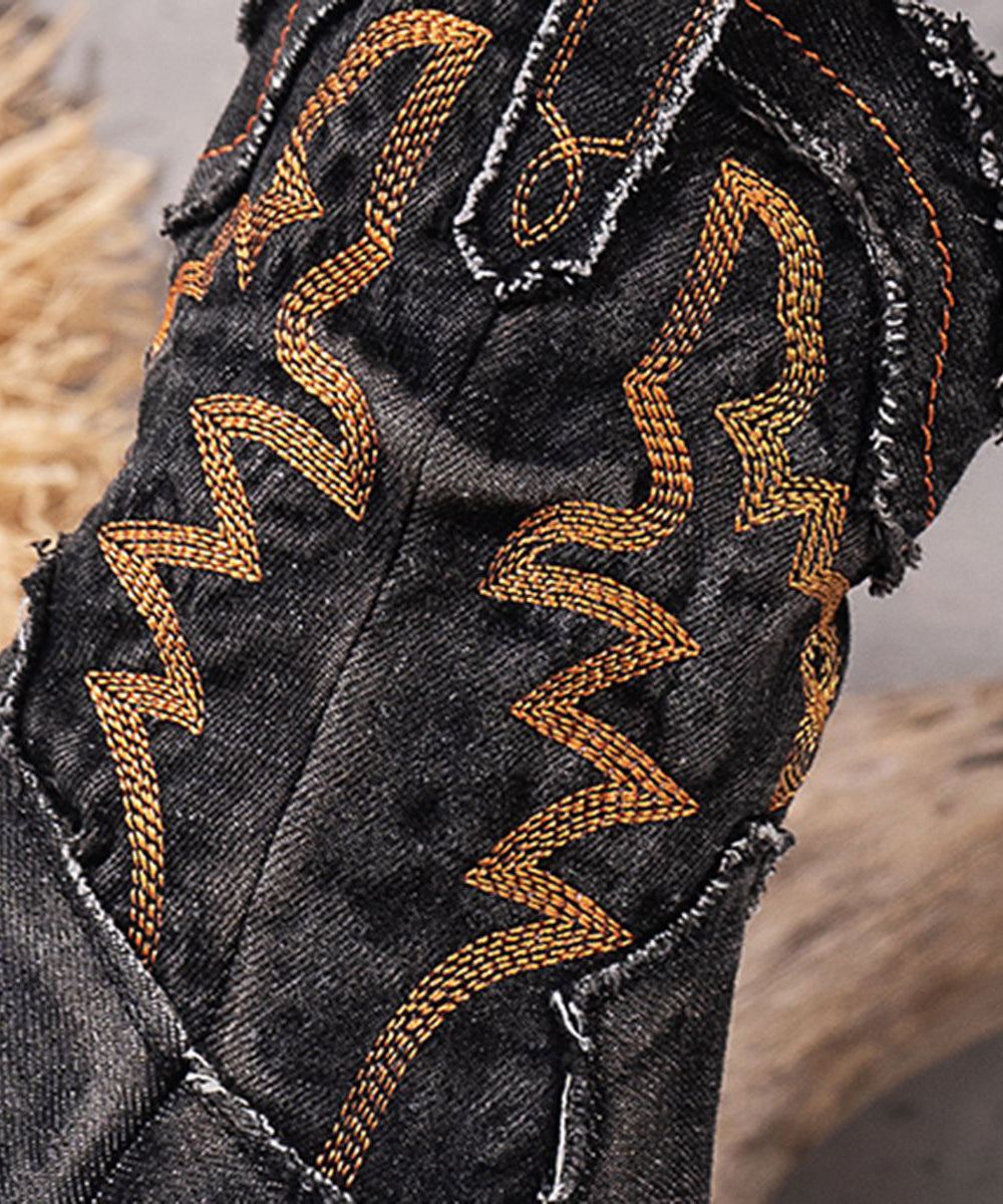 Vintage Black Embossed Boots Splicing Cowboy Chunky Boots