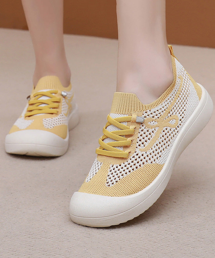 Yellow Hollow Out Breathable Mesh Comfortable Splicing Flat Shoes