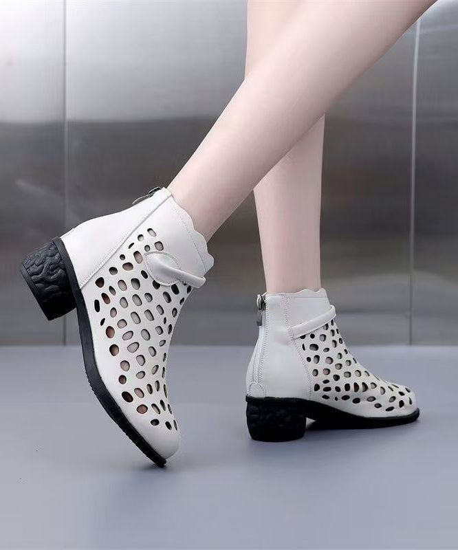Splicing Chunky Boots White Faux Leather Hollow Out