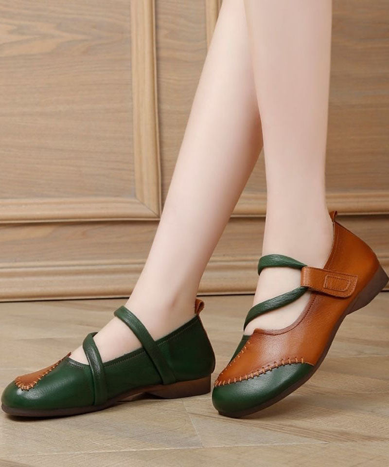 Handmade Splicing Green Flat Shoes For Lace Up Flats
