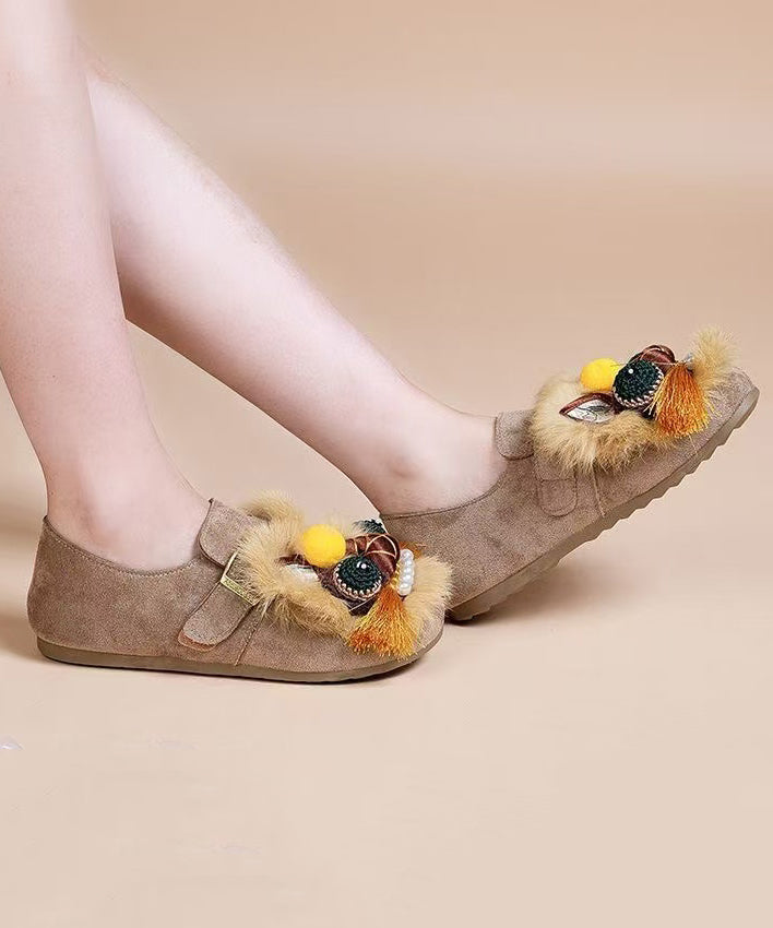 Handmade Light Brown Flat Shoes Suede Embroidered