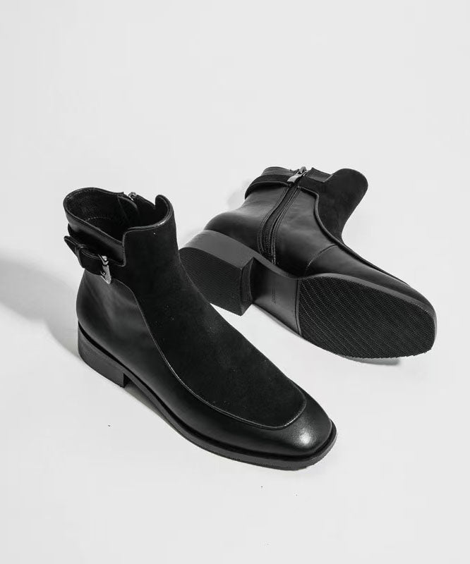 White Chunky Cowhide Leather Zippered Splicing Boots