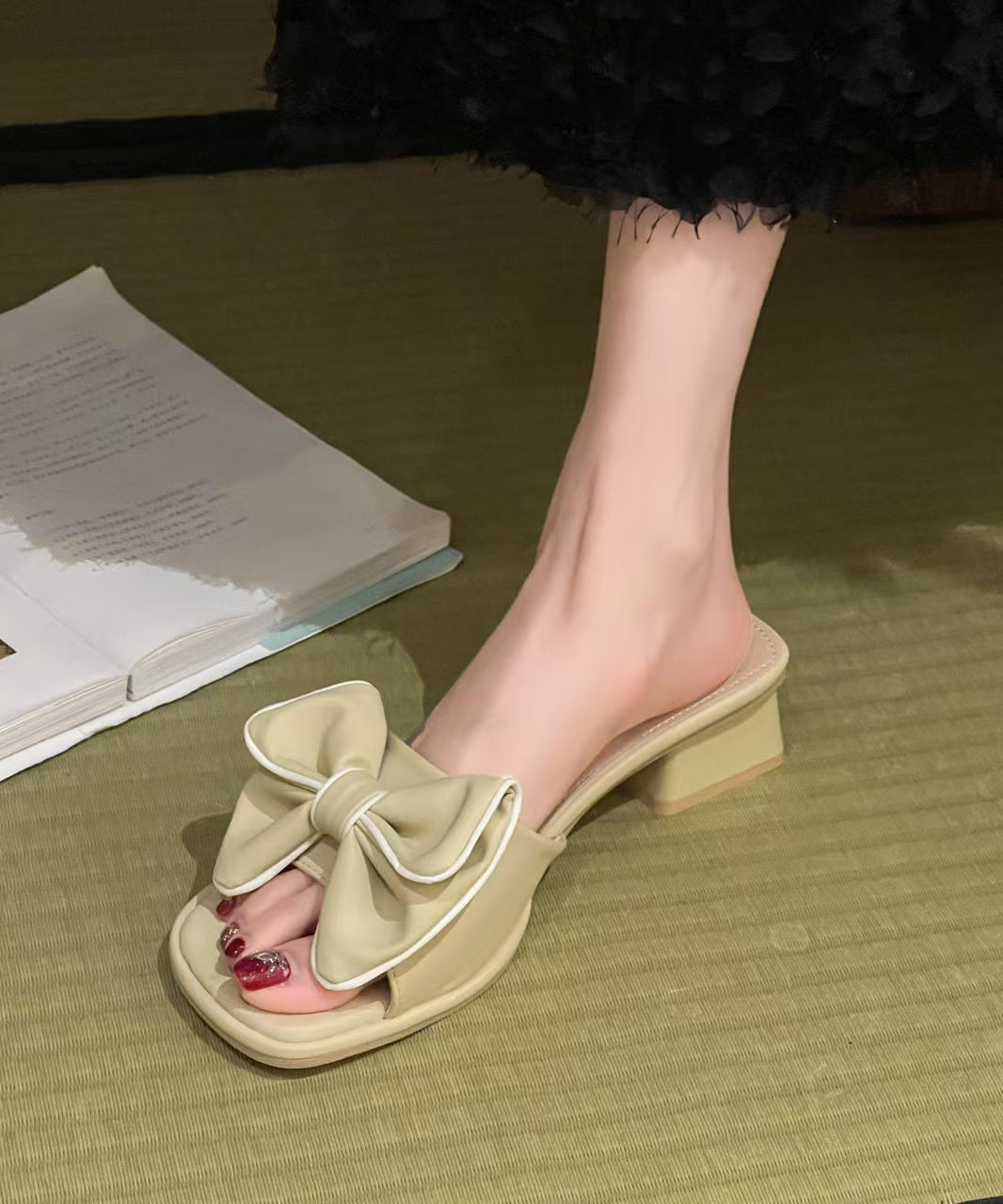 Yellow Bow Splicing Chunky Slide Sandals Peep Toe