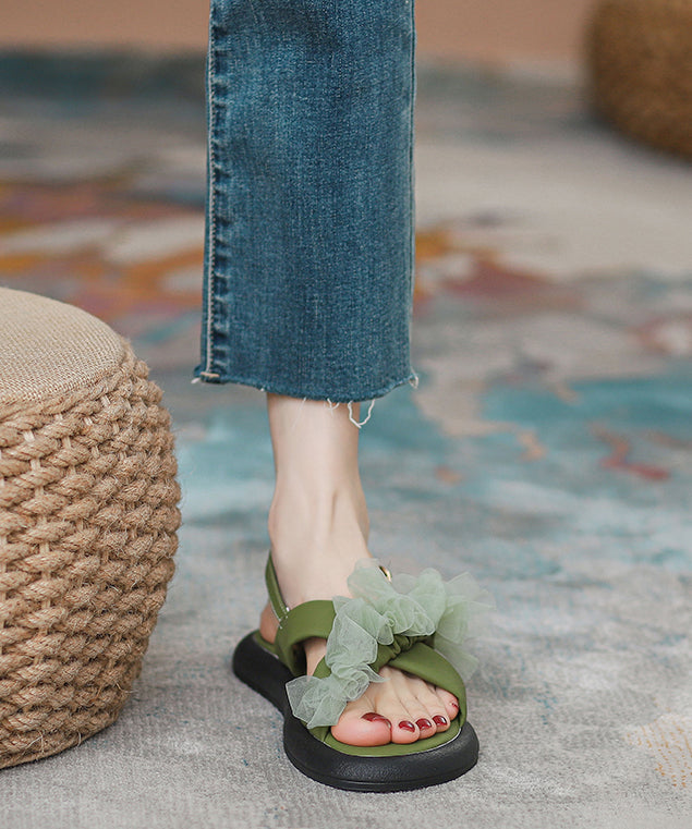 Green Peep Toe Strap Tulle Splicing Genuine Leather Sandals