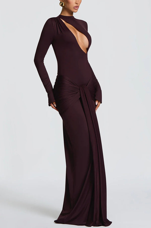 Cutout Fitted Long-sleeved Pleated Satin Ribbon Maxi Dresses