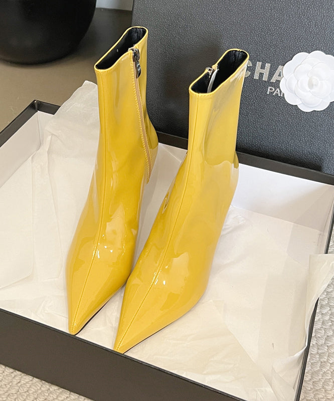 Yellow Splicing Stiletto Boots Pointed Toe