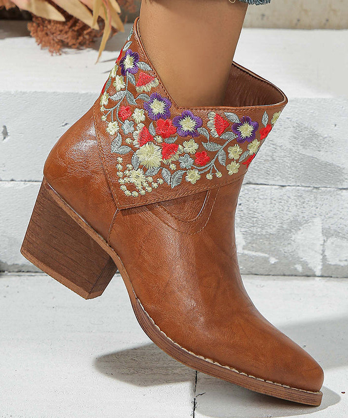 Brown Pointed Toe Splicing Faux Leather Chunky Flat Boots Embossed