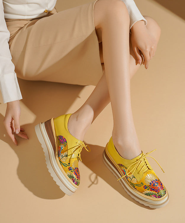 Yellow Embossed Wedge Shoes Lace Up