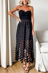 Through Circle Embroidery Elastic Waist Tassle Hem Maxi Skirt