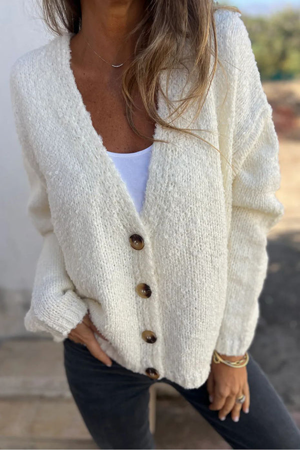 Solid Color V-neck Long-sleeved Knitted Cardigan