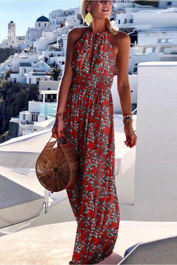 elegant vacation style printed large hanging neck design with a sense of long skirt