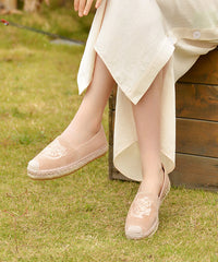 Apricot Suede Embroidered Splicing Loafer Shoes