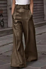 Leather High Waist Loose Pocket Casual Flared Pants