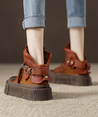 Chocolate Cowhide Leather Splicing Boots Lace Up