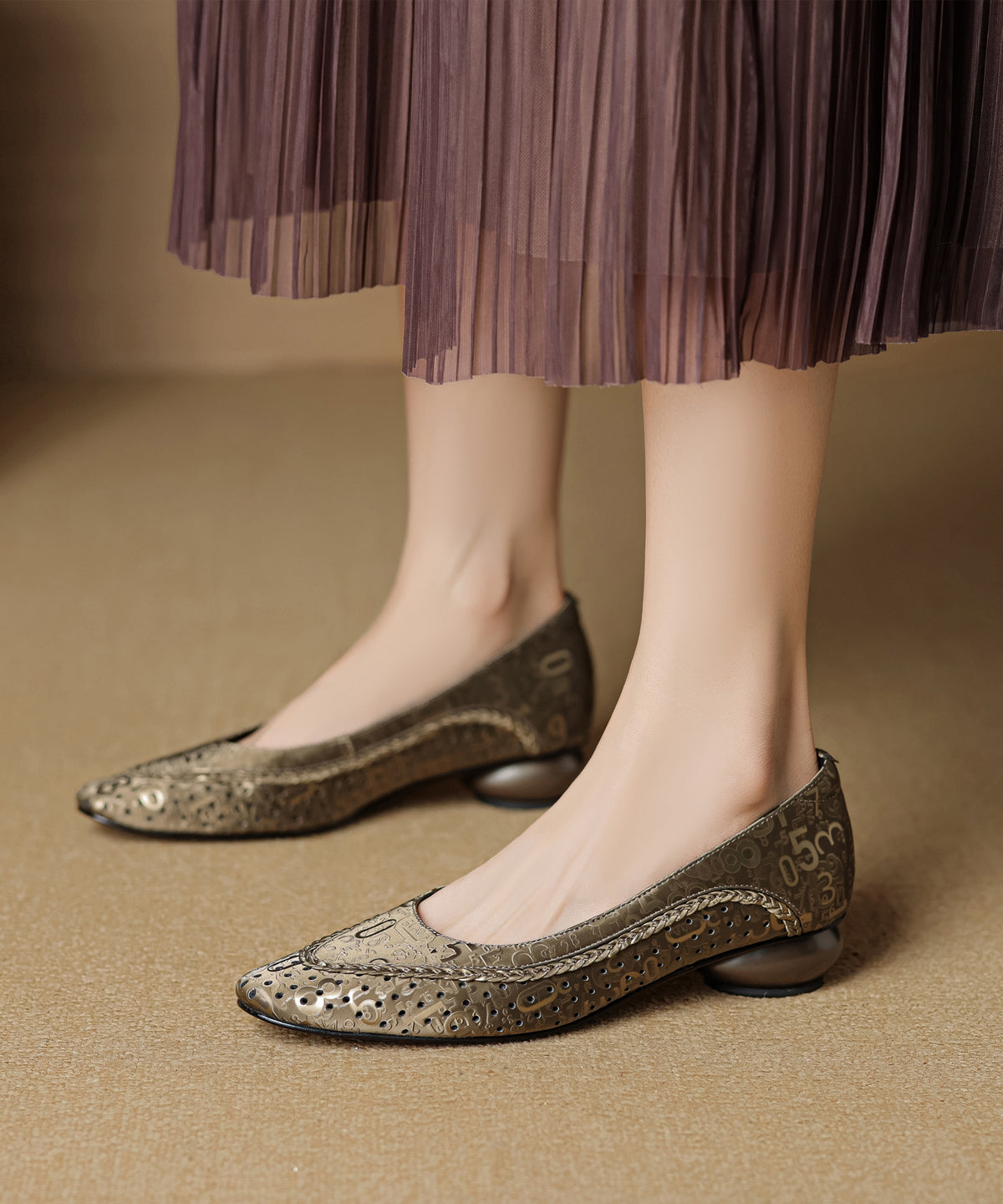 Vintage Splicing Chunky Shoes Green Cowhide Leather Breathable