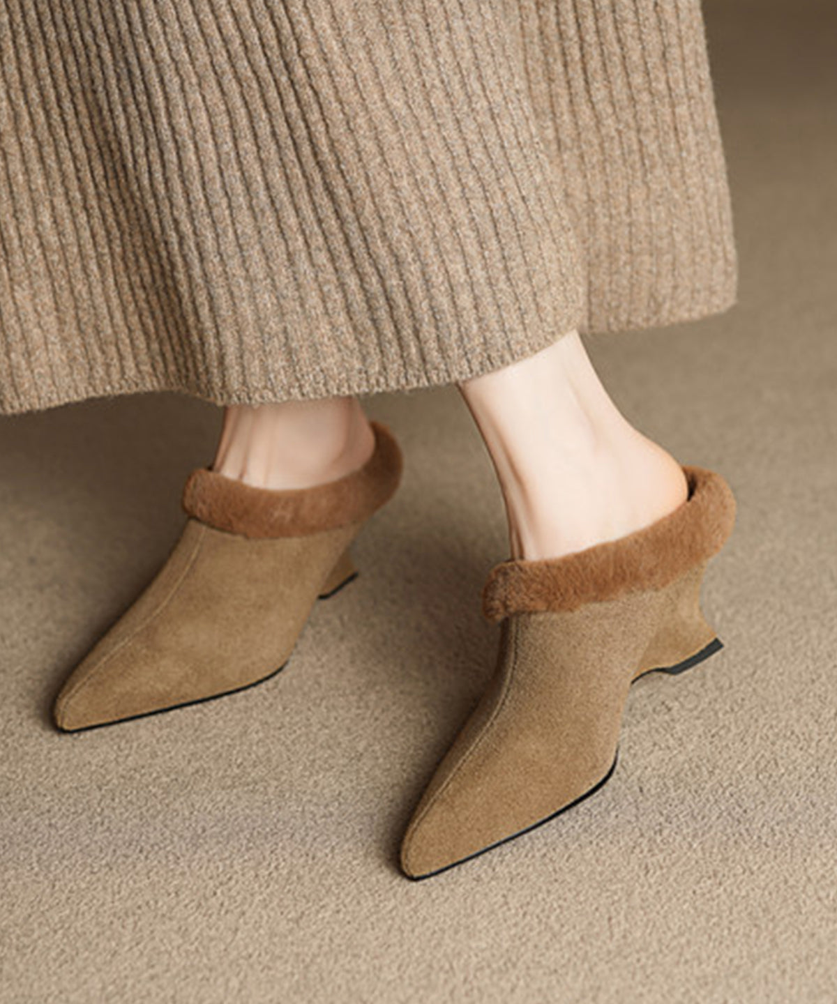 Splicing Wedge Slippers Shoes Black Suede Fuzzy Wool Lined