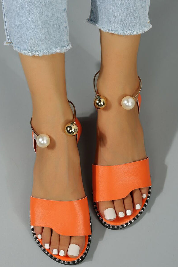 Simple Flat Bottom Pearl Buckle Roman Sandals