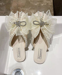 Beige Zircon Bow Nail Bead Splicing Slide Sandals