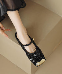Black Sequins Buckle Strap Splicing Slide Sandals