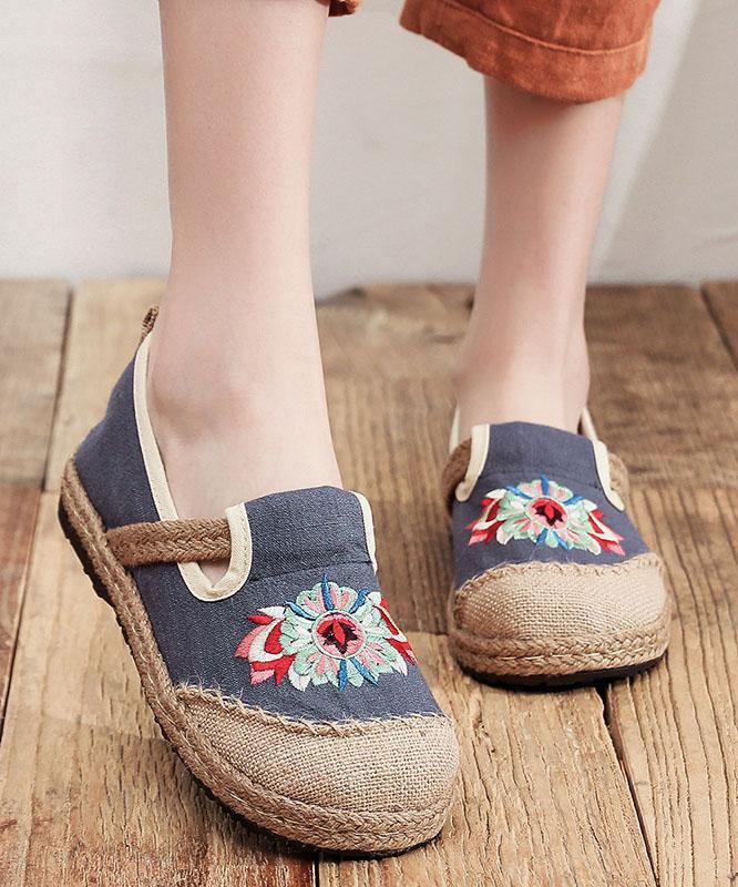 Grey Embroideried Flats Cotton Linen Fabric Boutique  Flat Feet Shoes