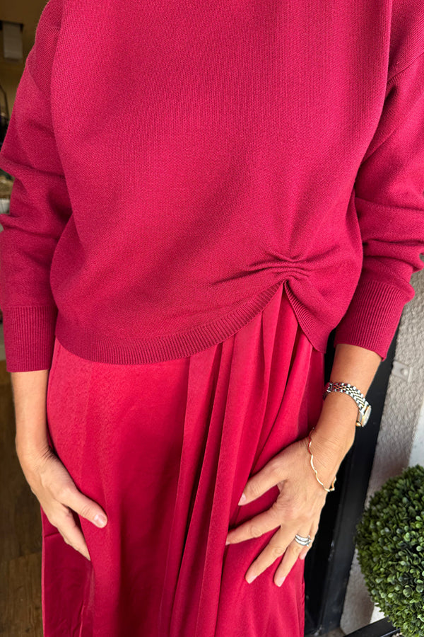 Practical Knit Ruched Sweater and Satin Stretch Tank Midi Dress Two-piece Set