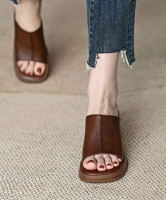 French Brown Splicing Chunky Heel Rivet Slide Sandals Peep Toe
