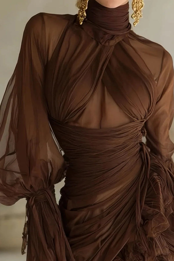 See-through Mesh High-neck Waist Pleated Ruffle Mini Dress