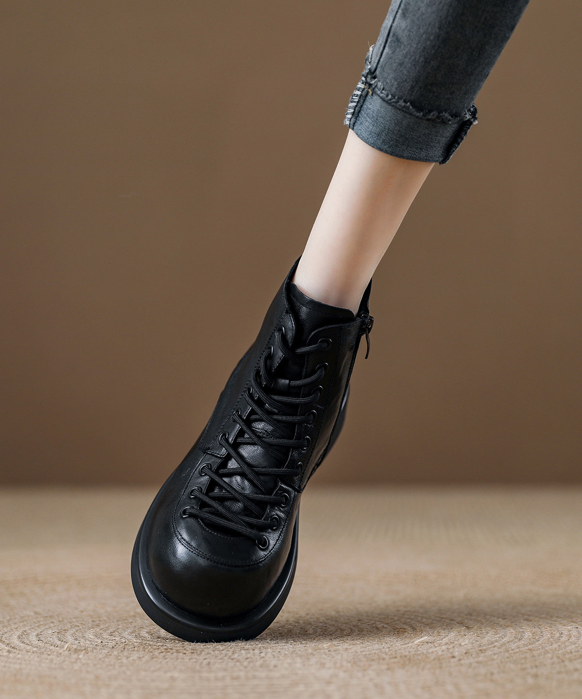 Coffee Platform Cowhide Leather Handmade Splicing Ankle Boots