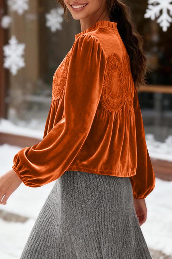 Velvet and Lace Patchwork Loose Long-sleeved Top