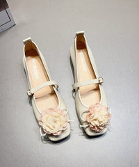 Apricot Faux Leather Flat Shoes Splicing Floral Buckle Strap