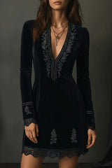 Velvet V-neck Long-sleeved Lace-trimmed Mini Dress