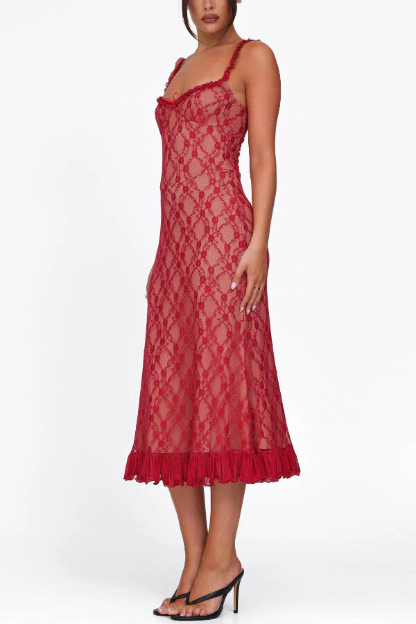 Plaid Camisole Lace Slim-fit Elegant Midi Dress