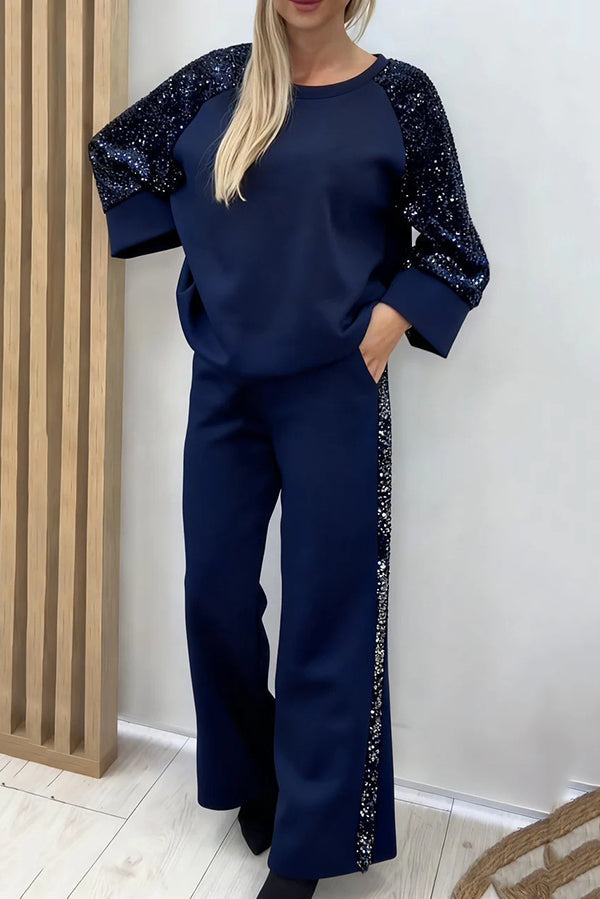 Sequined Loose-fitting Crew Neck Top and Casual Pocket Wide-leg Pants Set