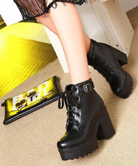 Black Faux Leather Boots Cross Strap Chunky Heel