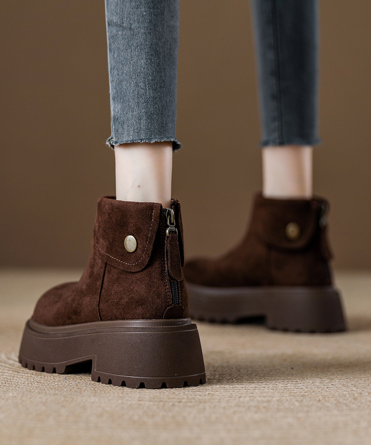 Comfy Coffee Zippered Splicing Chunky Ankle Boots