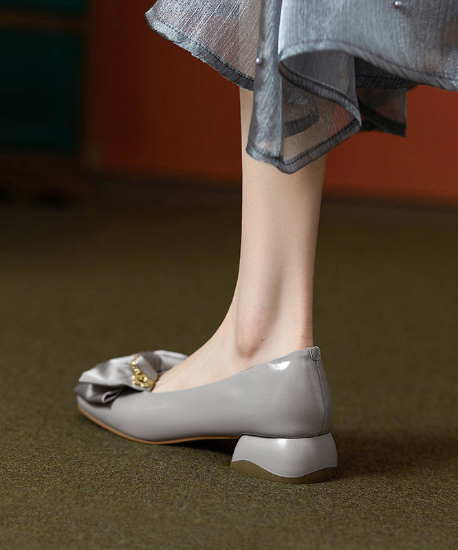 Classy Grey Chunky Flat Shoes Cowhide Leather Splicing Bow