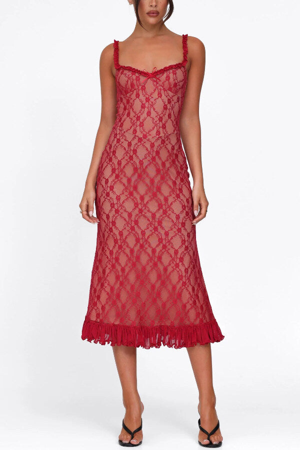 Plaid Camisole Lace Slim-fit Elegant Midi Dress