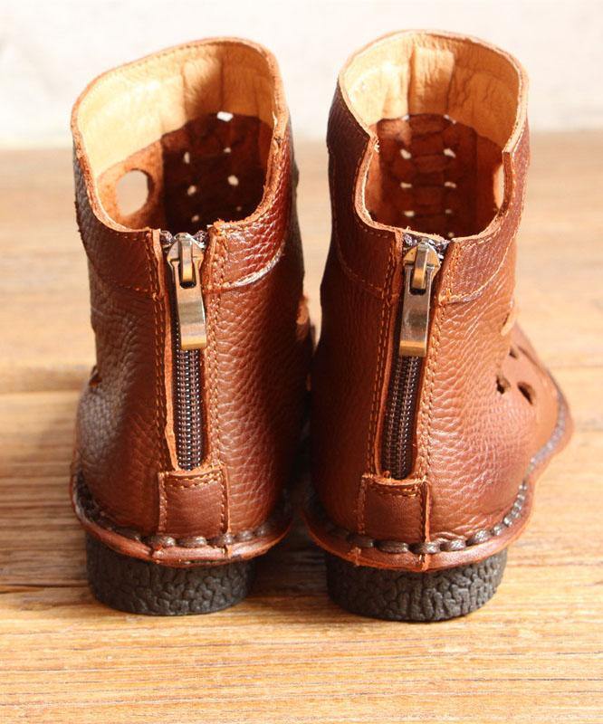 Casual Hollow Out Boots Brown Cowhide Leather