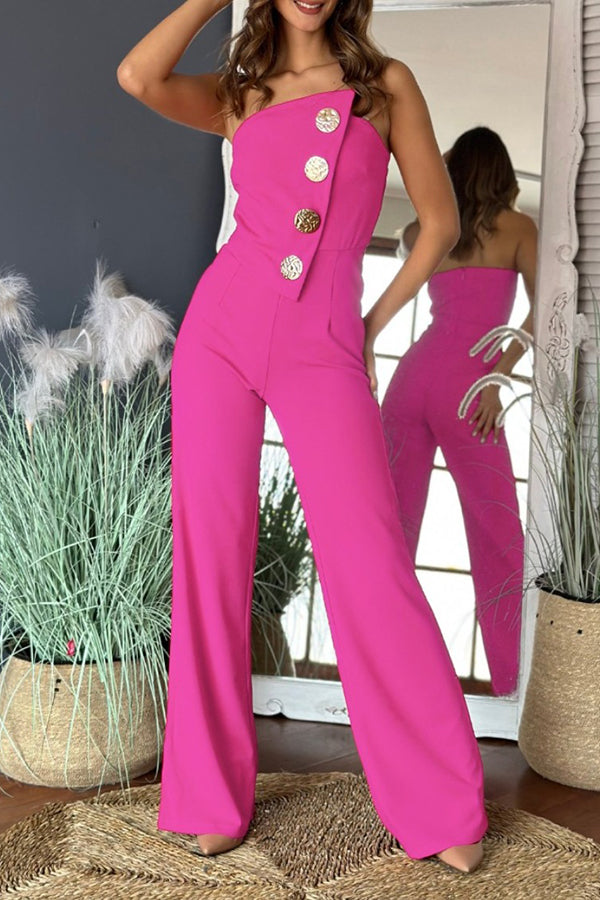 Solid Color Tube Top Gold Button Embellished Bootcut Jumpsuit