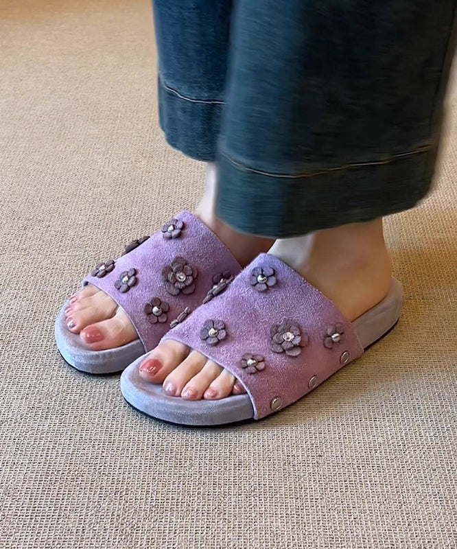 Fine Floral Splicing Purple Suede Slide Sandals Peep Toe