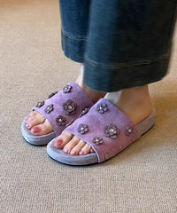 Fine Floral Splicing Purple Suede Slide Sandals Peep Toe