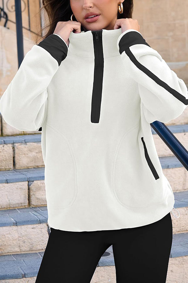 Color-blocked Trim Loose Casual Pocket Sweatshirt
