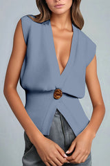 Solid Color Simple V-Neck Button Sleeveless Knitted Cardigan
