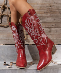 Red Embossed Hollow Out Faux Leather Chunky Thigh Boots